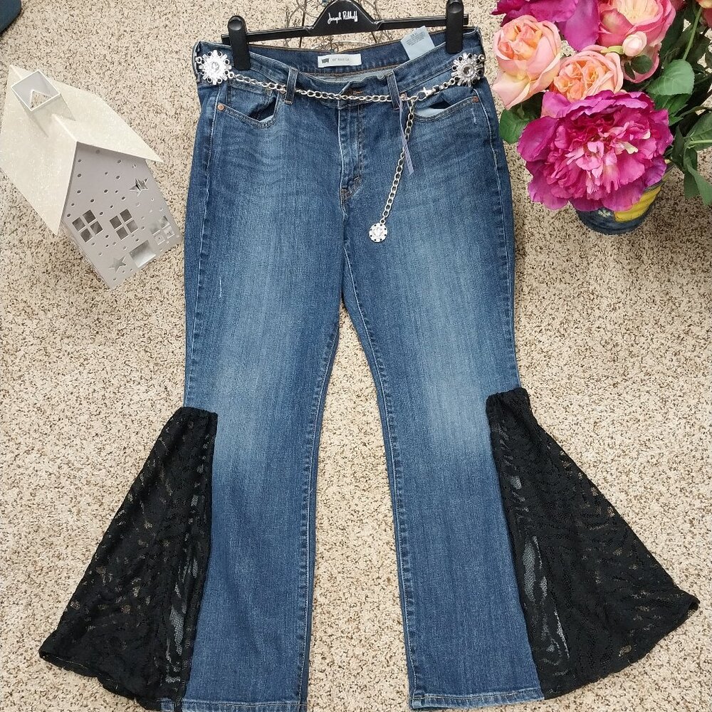 3341 Size 14 Levi's 515 Upcycled Bell Bottoms in Red Black Lace